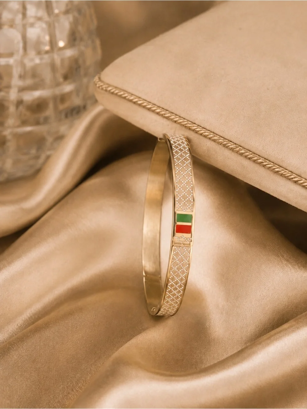 Luxury Silver Bangle Bracelet with Red and Green Accents